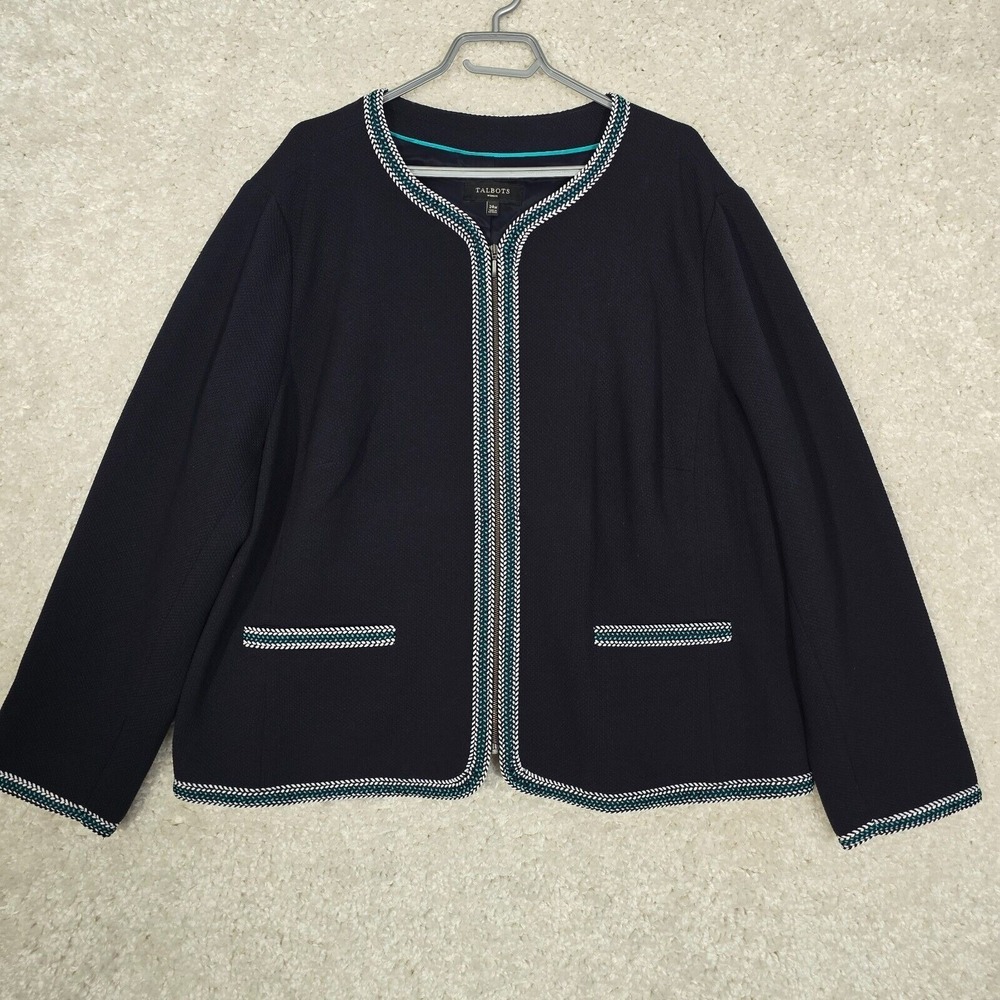 Talbots Womens‎ Zip Front Jacket Navy Braided Trim Size 24W Office Classic